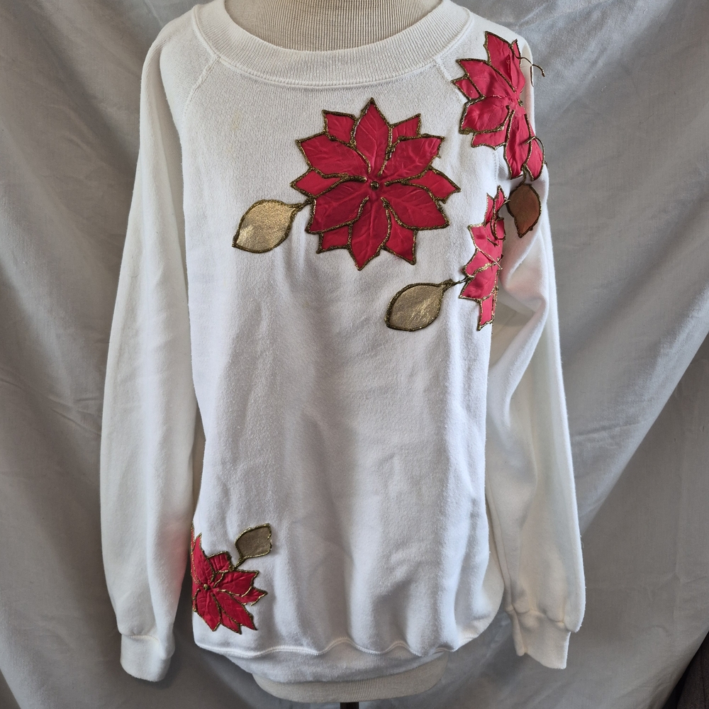 White Sweatshirt with Red Floral Design